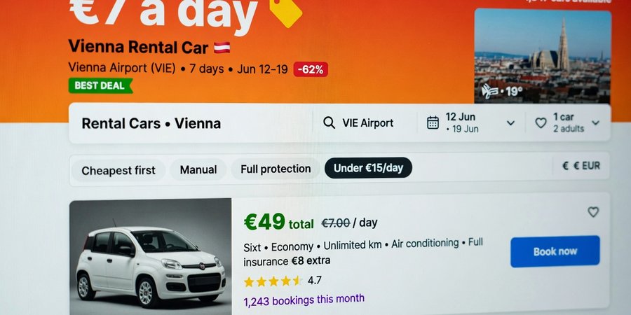 Aggregator-Bildschirm mit einem €7-pro-Tag-Mietwagen-Angebot in Wien