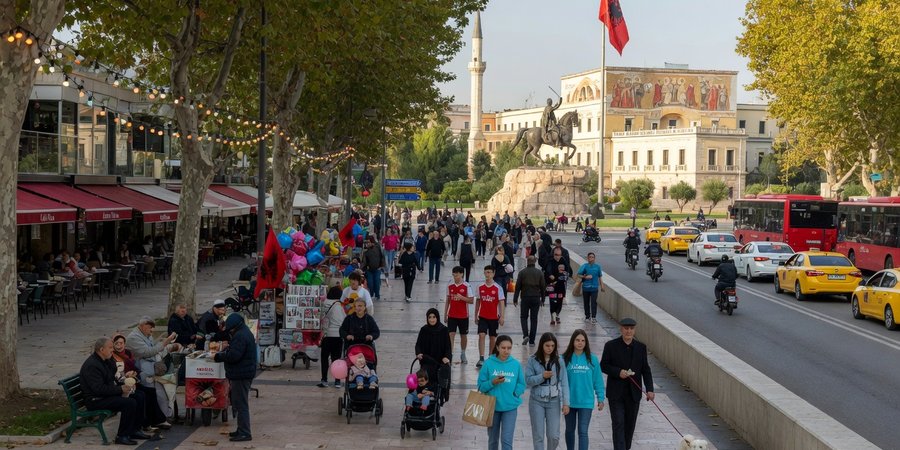 Fußgänger auf dem Boulevard nahe dem Skanderbeg-Platz in Tirana