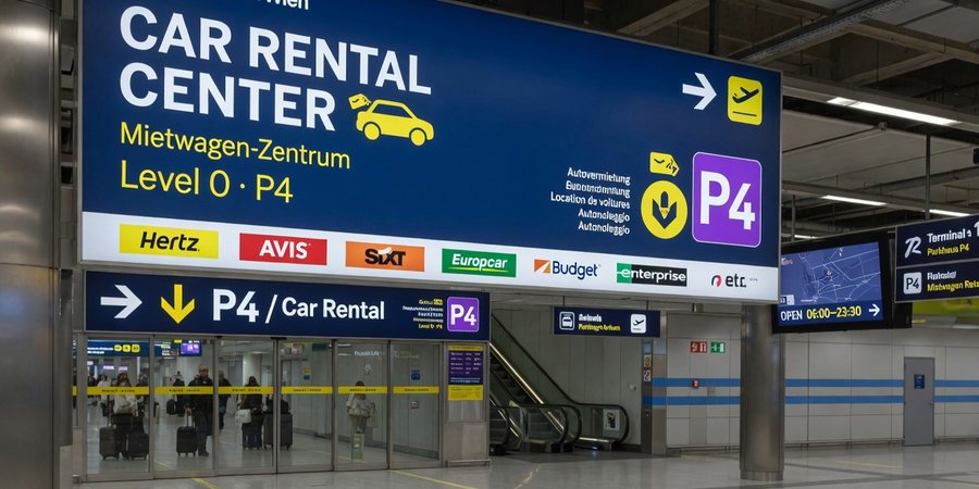 Hinweisschilder Car Rental Center auf Ebene 0 im Parkhaus P4 in Wien-Schwechat