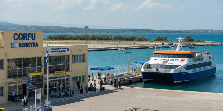 Flughafen Korfu mit Tragflügelboot Richtung Saranda im Hintergrund