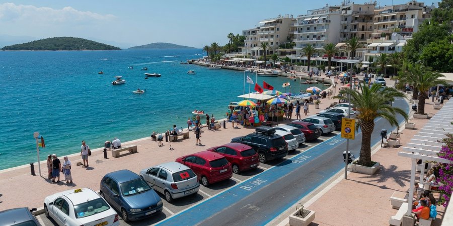 Promenade von Saranda mit parkenden Autos in der blauen Zone im Sommer