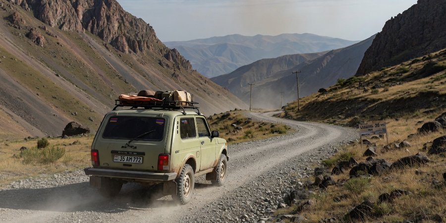 Lada Niva auf einer Schotterpiste im Sjunik-Gebirge, Armenien