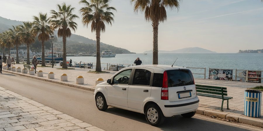 Kompakter Mietwagen an der Promenade von Saranda in milder Wintersonne