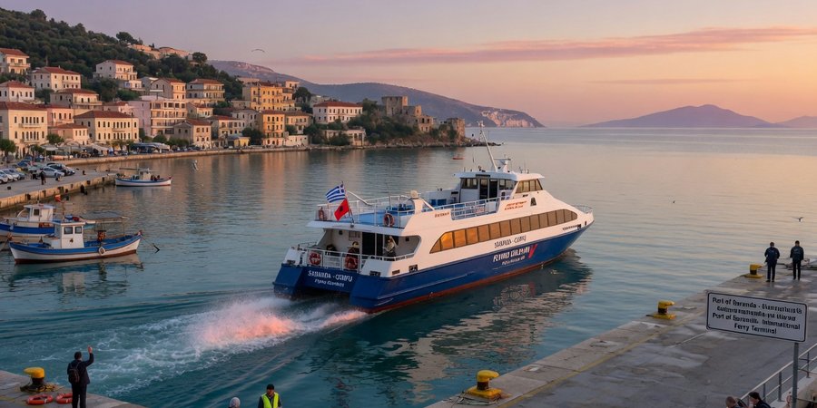 Schnellfähre von Saranda nach Korfu am Hafen im Morgenlicht