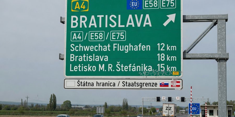 Autobahnschild A4 zwischen Wien und Bratislava an der slowakischen Grenze