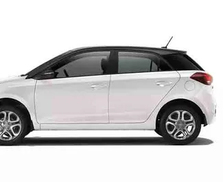 Frontansicht eines Mietwagens Hyundai i20 auf Rhodos, Griechenland ✓ Auto Nr.5848. ✓ Schaltgetriebe TM ✓ 0 Bewertungen.